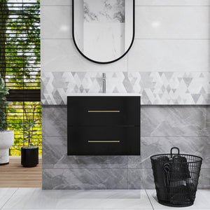 English Elm 24-Inch Wall-Mounted Bathroom Vanity With Ceramic Sink, Gold Handles & Double Drawers For Small Spaces W3151S00036