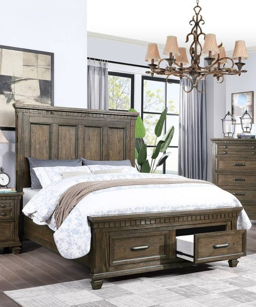 English Elm 1pc California King Panel Bed Tall Headboard Storage Footboard Traditional Brown Wood B011S02126