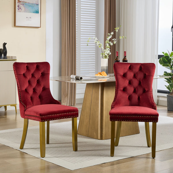 English Elm Mid-Century Tufted Velvet Dining Chair with Lion Head Pull Ring, Gold Legs, Nailhead Trim, Luxurious Support WINE RED W1143P233645