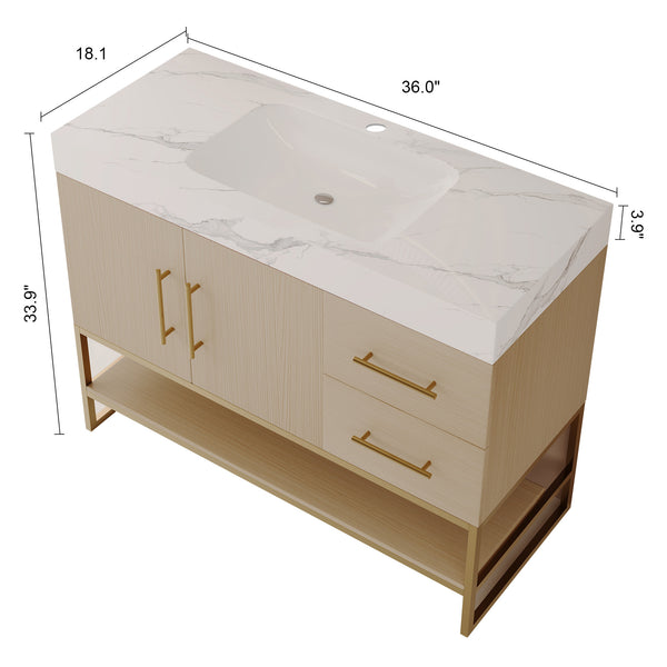 English Elm 36" Freestanding Bathroom Vanity Sintered Stone Top Gold Hardware Wood Cabinet W3136S00055