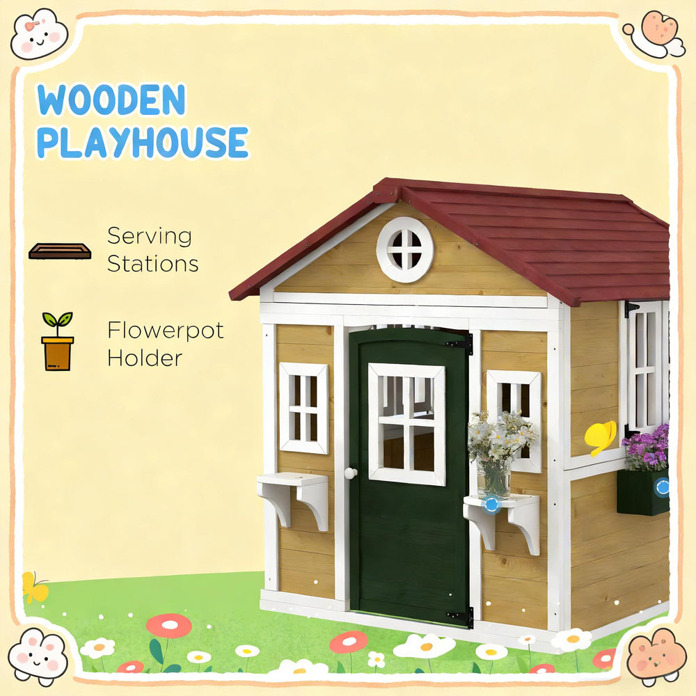 English Elm Toddlers Solid Fir Wood Outdoor Playhouse Cottage with Planter Boxes for Imaginative Play T3971P442836