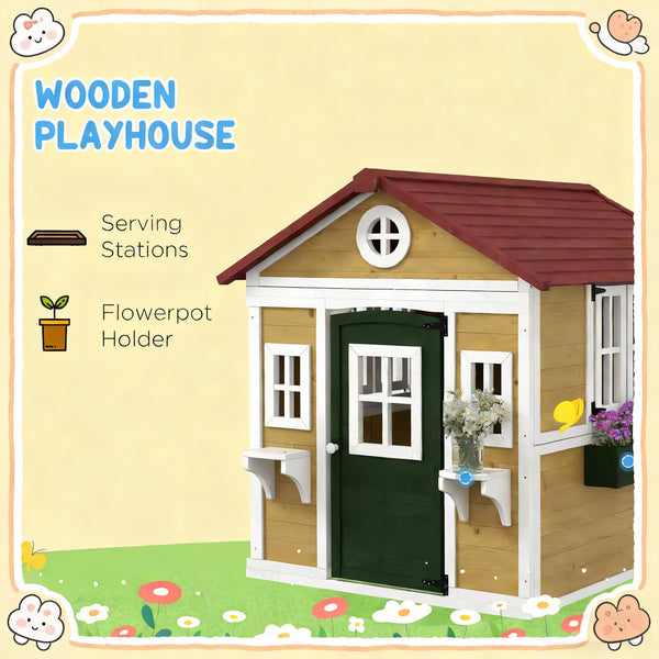English Elm Toddlers Solid Fir Wood Outdoor Playhouse Cottage with Planter Boxes for Imaginative Play T3971P442836