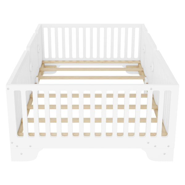 English Elm Twin Montessori Floor Bed with Safety Rails Hinged Door and Plywood Slats for Kids White W2593P381112