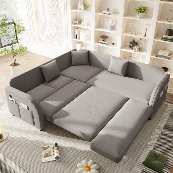 English Elm 85.1" Teddy Plush L-shaped Sectional Sleeper Sofa with Usb Ports and Pull Out Bed Light Grey W1885S00320