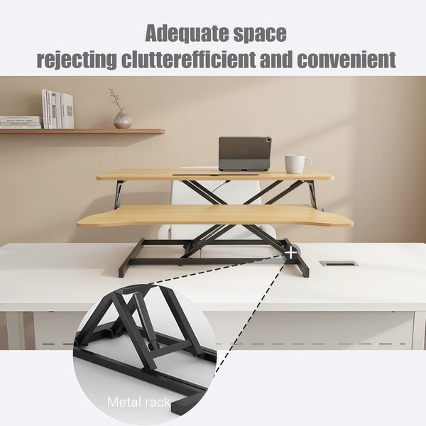 English Elm 32 Inch Sit Stand Desk Converter with Keyboard Tray Dual Monitor Ergonomic Riser Black,Natural W2641P406128