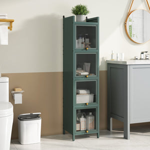 English Elm Modern Four-tier Glass Door Cabinet with Slim Iron Frame, Five Shelves, Heavy-Duty 33lb Capacity Dark Green W757P241563