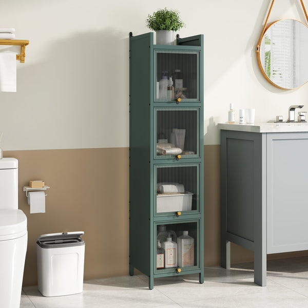 English Elm Modern Four-tier Glass Door Cabinet with Slim Iron Frame, Five Shelves, Heavy-Duty 33lb Capacity Dark Green W757P241563