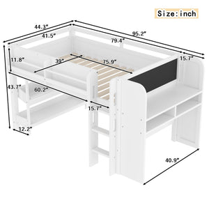 English Elm Twin Low Loft Bed Solid Pine Frame Kids Study Desk Blackboard Storage White W1580S00297