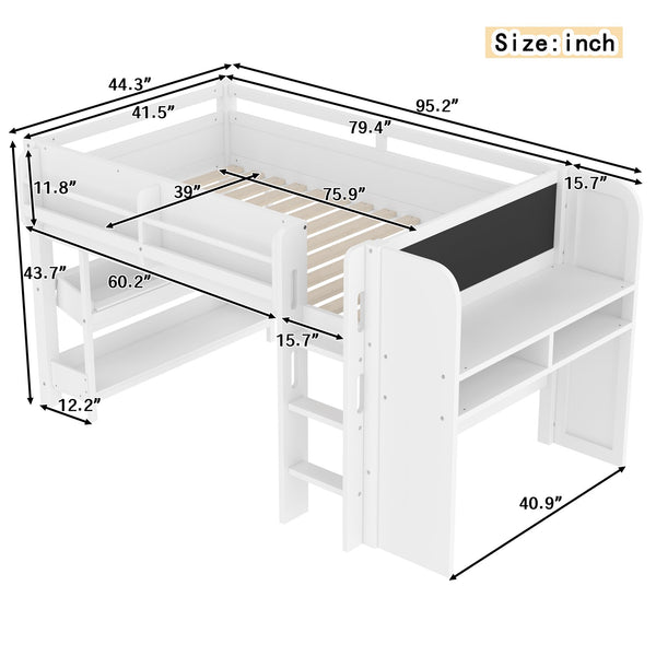 English Elm Twin Low Loft Bed Solid Pine Frame Kids Study Desk Blackboard Storage White W1580S00297