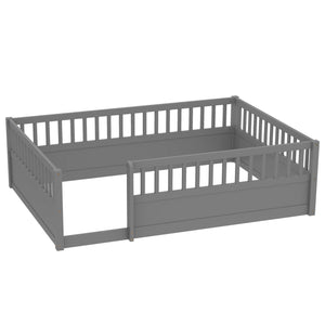 English Elm Full Montessori Floor Bed Frame with Fence for Kids — Pine Play & Reading Space, Sturdy Low Profile Gray W1580P307886