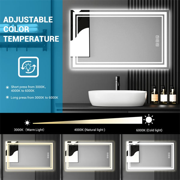 English Elm Led Bathroom Mirror 40"X24" With Defogger, 3 Color Dimmable Lights, Memory Function & Slim Design T3177P296174