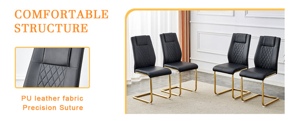 English Elm Table and Chair Set Marble Tempered Glass Top Gold Sculptural Legs Four Pu Seats Black+Gold W1151S03292