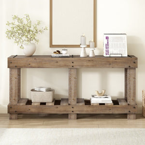 English Elm U_Style 62.9" Vintage Console Table - Solid Fir Wood, Antique Metal Rivets & Under-Shelf Storage Option N711P289135O-GIGA