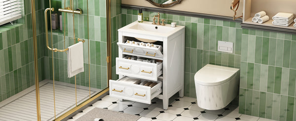 English Elm 24'' Bathroom Vanity with Ceramic Sink and 3 Drawers Retro Solid Wood Frame Freestanding Storage White N710P371184K