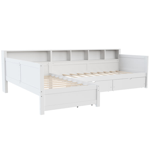 English Elm Twin Corner Daybed with Storage Drawers Bookshelf Wood L-shape Frame for Small Rooms White N733S369272K