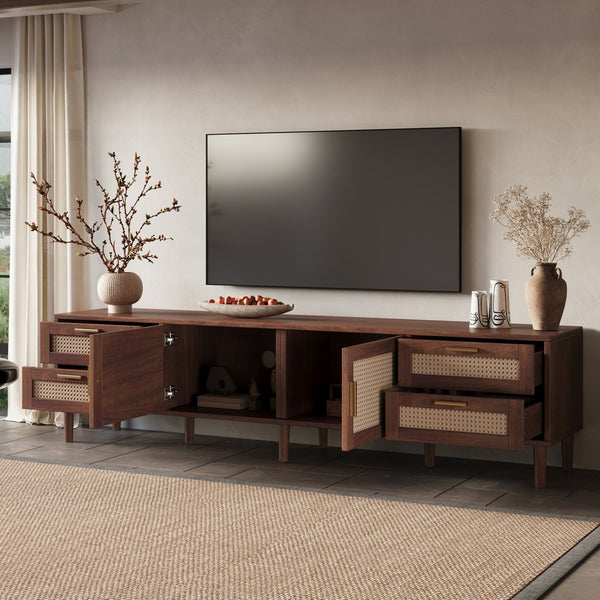 English Elm 78 Inch Rattan Media Console with Pine Legs Four Drawers Modern Living Room Tv Stand N710P365048P