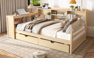English Elm Twin Corner Daybed Pine Frame Built in Desk Bookcase Drawers Charging Kids Room Natural W697S00042