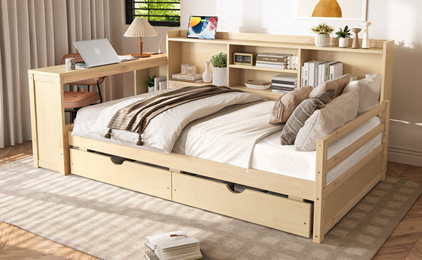 English Elm Twin Corner Daybed Pine Frame Built in Desk Bookcase Drawers Charging Kids Room Natural W697S00042