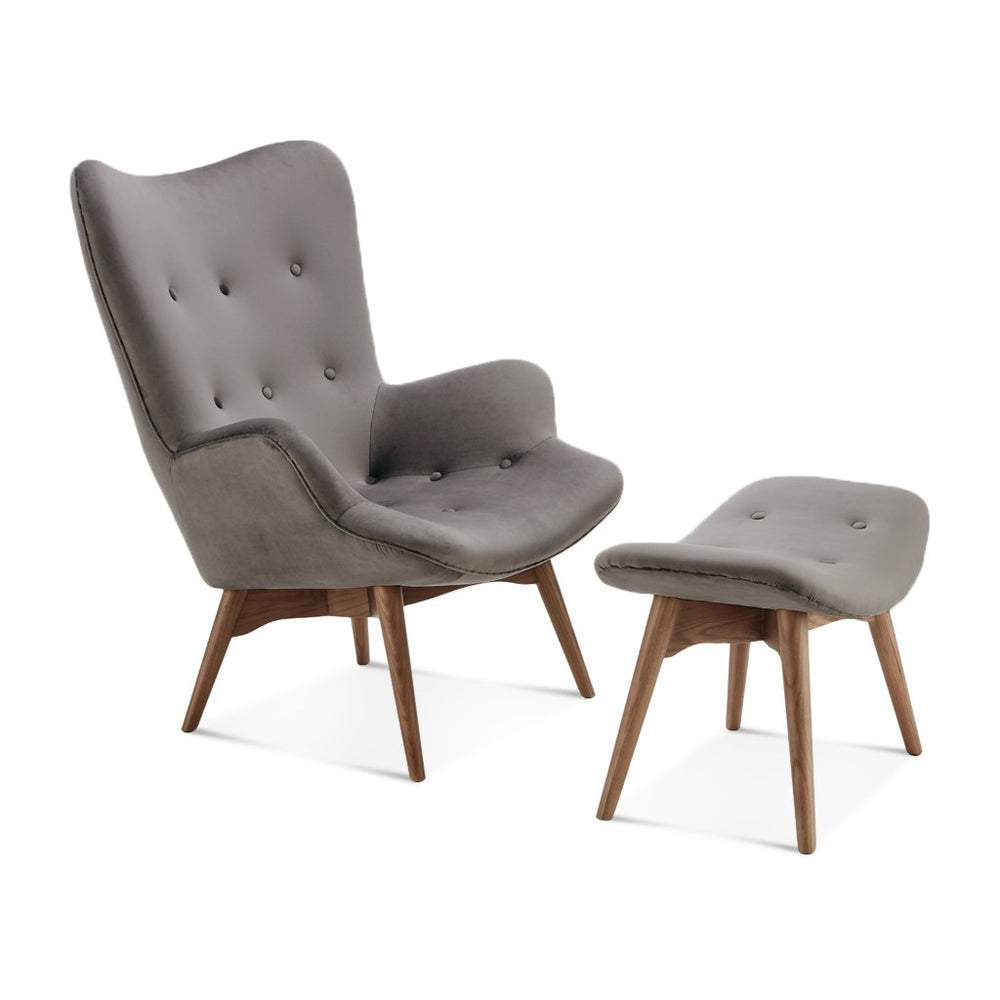 English Elm Contour Lounge Chair and Ottoman Velvet Tufted Mid-century Modern Walnut Leg Set B353P485520