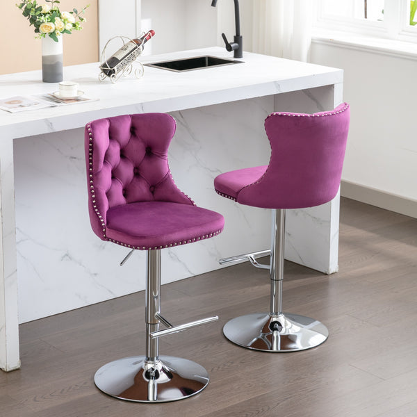 English Elm Swivel Velvet Barstools Adjustable 25–33" Height, Tufted Back, Chrome 17.7" Base, Purple Set of 2 W1143137914