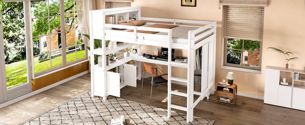 English Elm Full Size Pine Loft Bed House Frame with Slide Bookshelves and Moon Star Rails W1580S00162