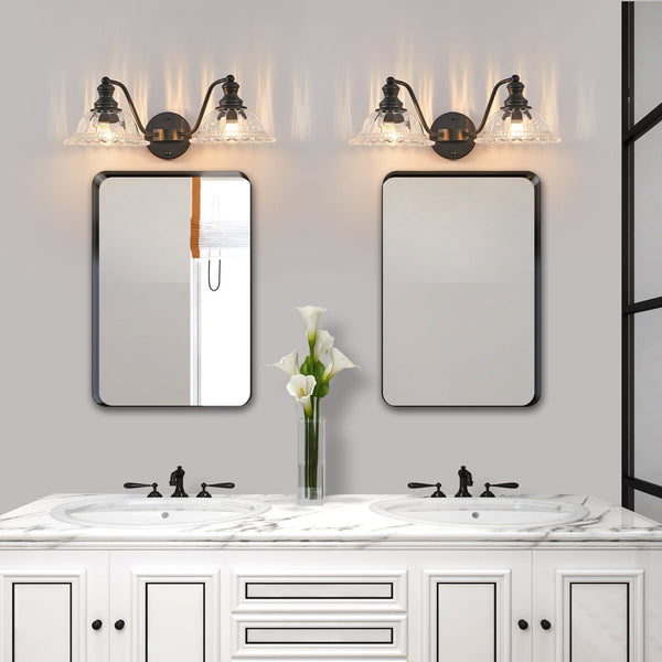 English Elm 20 Inch 2-Light Vintage Bathroom Wall Sconce - Black Iron & Glass Vanity Light for Mirror, Hallway, Bedroom, Hardwired Elegance W1340P284600