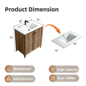 English Elm 30 Inch Floating Bathroom Vanity Fluted Wood Grain Front with Ceramic Integrated Sink Golden Oak W3520S00033