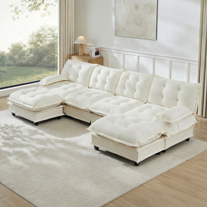 English Elm 138" U-shaped Chenille Cloud Sectional Sofa Four Seat Modular with Ottomans Lounge W714S01685