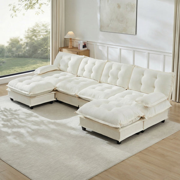 English Elm 138" U-shaped Chenille Cloud Sectional Sofa Four Seat Modular with Ottomans Lounge W714S01685