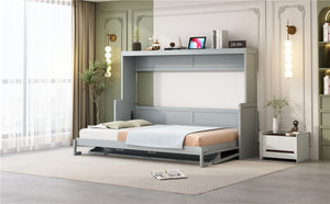English Elm Queen Size Murphy Bed With Hydraulic Lift & Integrated Desk - Space-Saving Gray Design For Versatile Living N820S00033E-GIGA