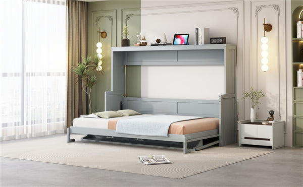 English Elm Queen Size Murphy Bed With Hydraulic Lift & Integrated Desk - Space-Saving Gray Design For Versatile Living N820S00033E-GIGA