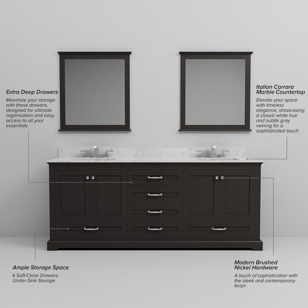 English Elm Espresso Double Bath Vanity 80 in W x 22 in D with Carrara Marble Top, Soft-Close Storage & Faucet Set B2731P258414