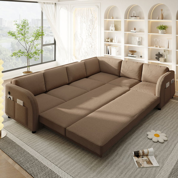 English Elm 115.2" Oversized Teddy Fabric Sectional Sleeper Sofa with Usb Ports and Modular Chaise Brown W1885S00318