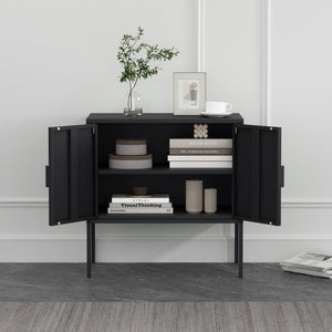 English Elm Ava 24" Metal Accent Cabinet in Black – Slim Steel Storage with Adjustable Shelf, Modern Minimalist Design B365P397879