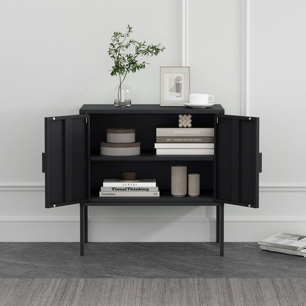 English Elm Ava 24" Metal Accent Cabinet in Black – Slim Steel Storage with Adjustable Shelf, Modern Minimalist Design B365P397879