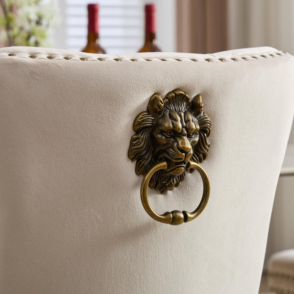 English Elm Mid-Century Tufted Velvet Dining Chair with Lion Head Pull Ring, Gold Legs, Nailhead Trim, Luxurious Support Beige W1143P233644