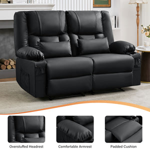 English Elm Recliner Loveseat with Massage Heat Pu Leather Dual Seating and Usb Charging Ports Black W1521S00082