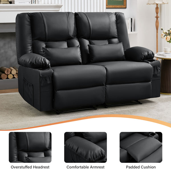 English Elm Recliner Loveseat with Massage Heat Pu Leather Dual Seating and Usb Charging Ports Black W1521S00082
