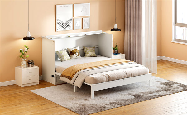 English Elm Queen Murphy Wall Bed with Usb Ports Storage Drawers and Cabinet Style Panel Front White N708S00010K-1