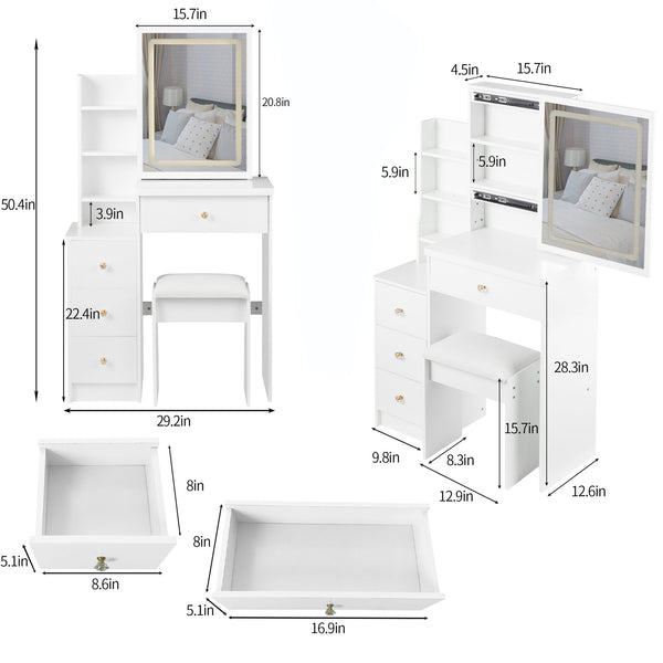 English Elm 29.2" Chic Bedside Vanity Set With Led Mirror, Touch Control, Cushioned Stool & Ample Storage Space W936P172483