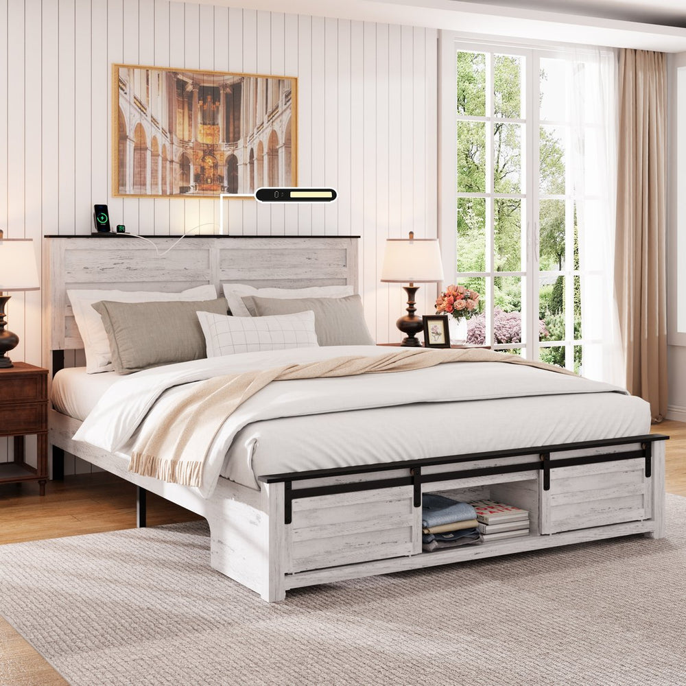English Elm Full Farmhouse Platform Bed with Led Lighting Charging Station and Built-in Pet Enclosure W636P264328