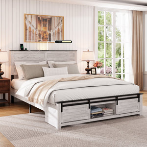 English Elm Queen Farmhouse Platform Bed Antique White Wood Frame Led Lighting and Charging Station W636P209999
