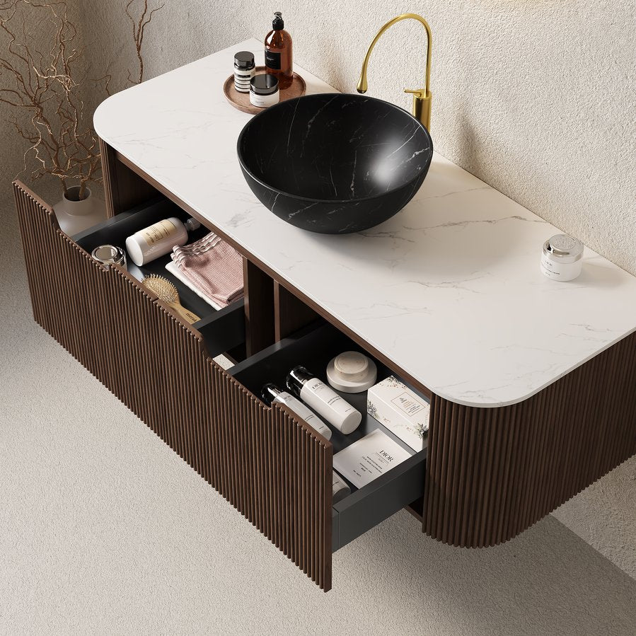English Elm Dina Floating Bathroom Vanity with Crystal Glass Basin and Sintered Stone Top Black,Carrara White,Dark Walnut W2615S00279