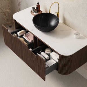 English Elm Dina Floating Bathroom Vanity with Crystal Glass Basin and Sintered Stone Top Black,Carrara White,Dark Walnut W2615S00279