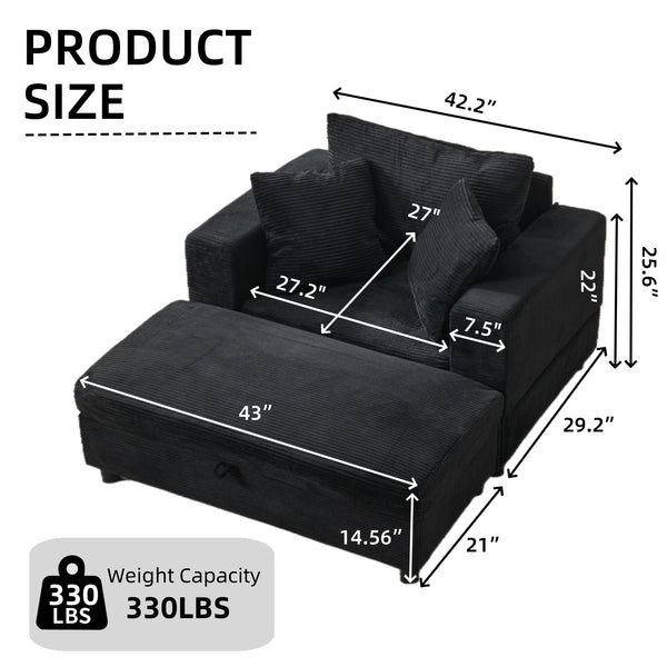English Elm Chaise Lounge Chair With Removable Ottoman - Modern Upholstered Sofa Bed For Living Room & Bedroom Comfort W1170P353044