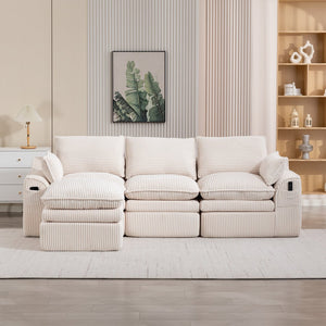 English Elm L Shaped Corduroy Modular Sectional with Cloud Cushions Footstool and Lumbar Pillows Beige W395S00141