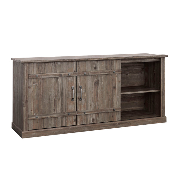 English Elm Credenza, Rustic 70" TV Stand with Sliding Barn Doors, Adjustable Shelves, Cord Management, 62" Pine Wood B356P354487
