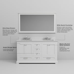 English Elm White Double Bath Vanity 60 in W x 22 in D with White Quartz Top, Soft-Close Storage & Chrome Faucet Set B2731P258370
