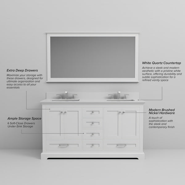 English Elm White Double Bath Vanity 60 in W x 22 in D with White Quartz Top, Soft-Close Storage & Chrome Faucet Set B2731P258370