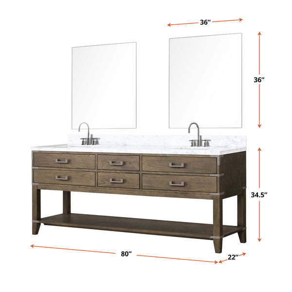 English Elm Grey Oak Double Bath Vanity Set With Carrara Marble Top, Chrome Faucets & 36" Mirrors - Stylish Storage! B2731S01911